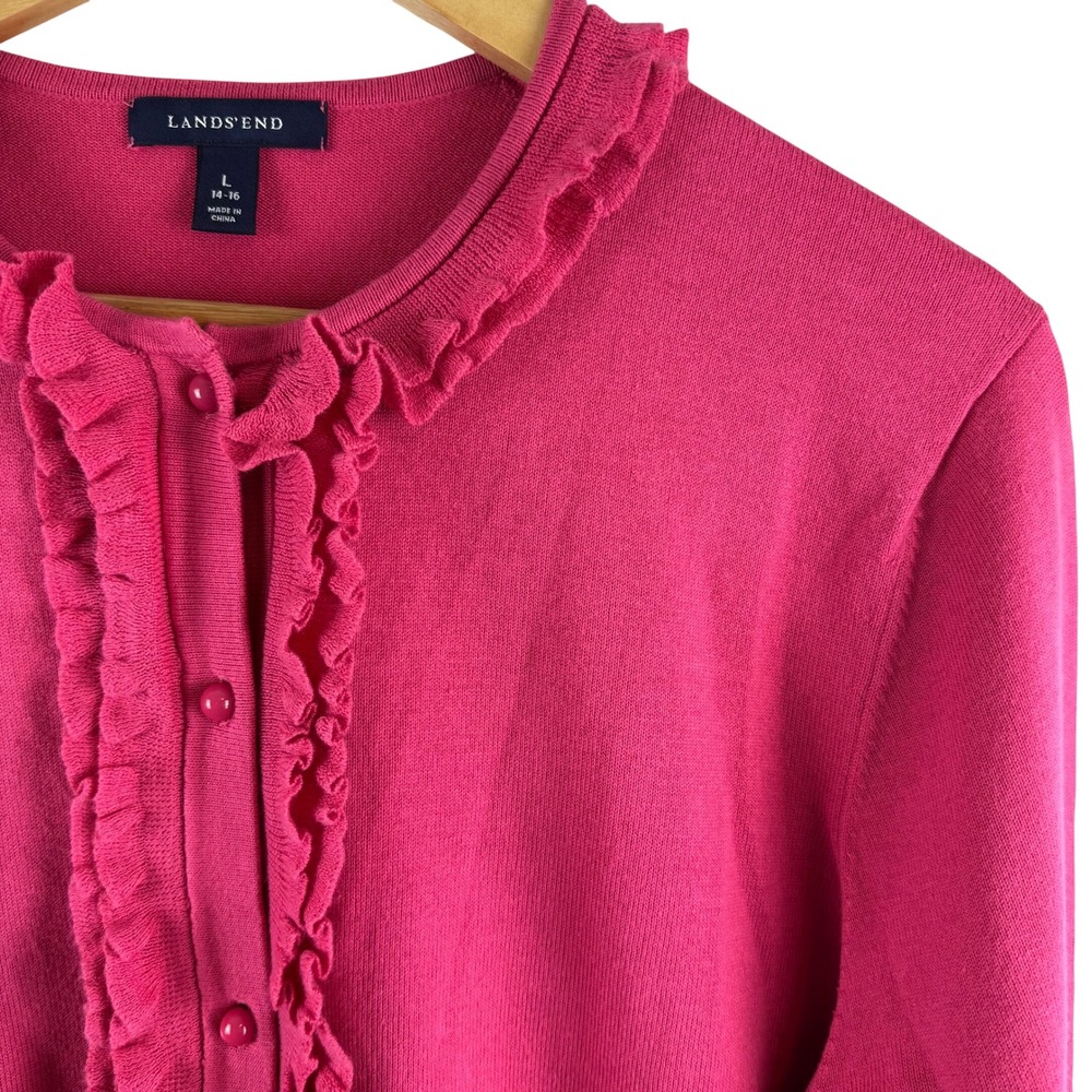 Lands' End Cardigan Sweater Womens L 14-16 Pink Ruffle Trim Supima‎ Cotton Blend